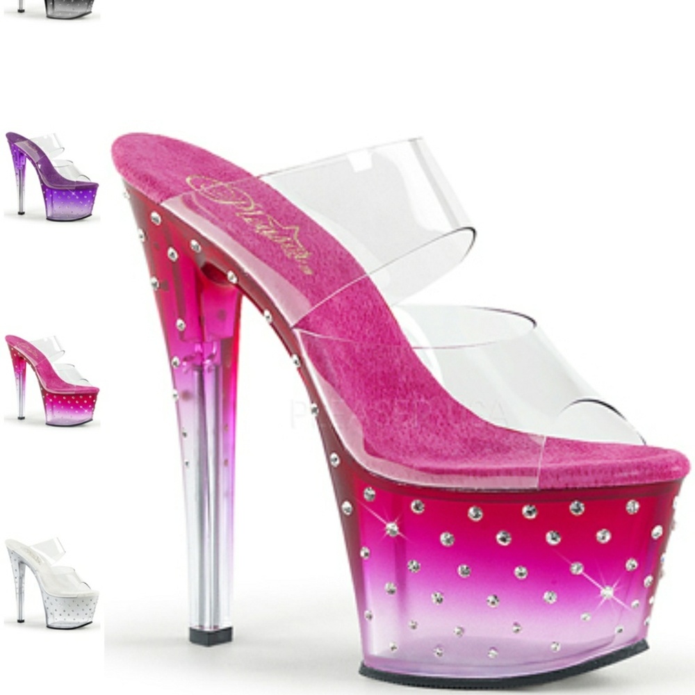 HP • PLEASER • Sexy Clear Pink Ombre Platform Rhinestone Stacked Stripper Heel